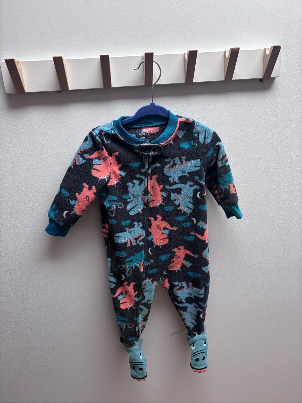 (5 for $20) Carter’s Blue & Coral Dragon Print Fleece Footed One-Piece